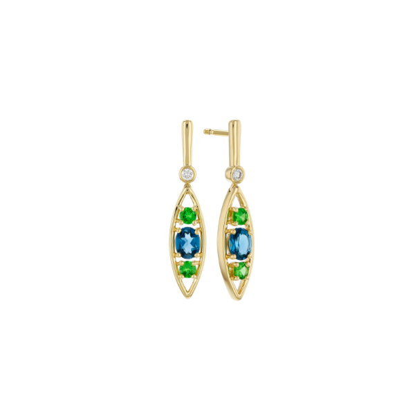 14KY 1.08ctw Blue Topaz and Green Garnet with 0.06ct Diamond Earrings Charles Frederick Jewelers Chelmsford, MA