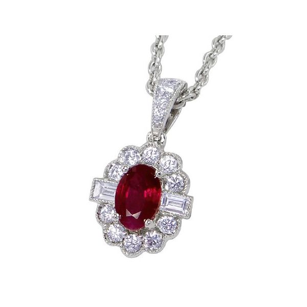 18K White Gold .43ct Oval Ruby and Diamond Pendant with Chain 16d=.32tw GH/VS2-SI1 Charles Frederick Jewelers Chelmsford, MA