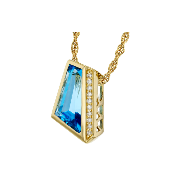 14KY 2.42ct Long Blue Topaz and Diamond Pendant 2.20ctw 18in Charles Frederick Jewelers Chelmsford, MA