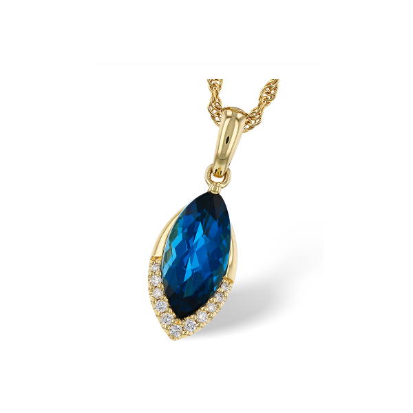 14KY 2.14ct 12x6mm Marquise Cut London Blue Topaz and 2.20ctw Diamond Pendant 18in Charles Frederick Jewelers Chelmsford, MA