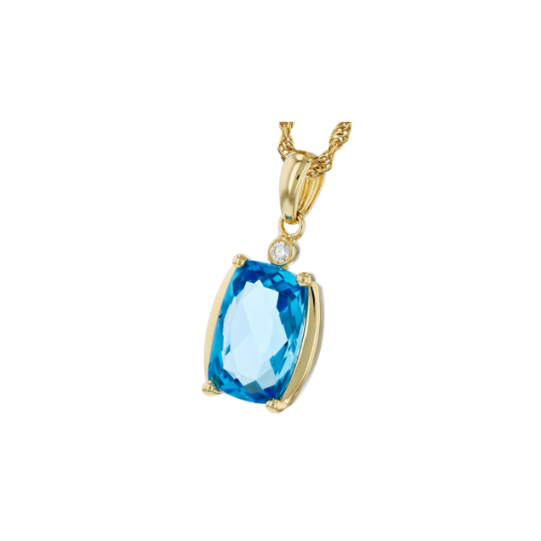 14KY 2.88ct E, Cushion Cut Blue Topaz and 0.02ct Diamond Pendant 18in Image 2 Charles Frederick Jewelers Chelmsford, MA