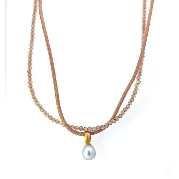 Joyla Zircon, Pearl, and leather 24k Vermeil Necklace Charles Frederick Jewelers Chelmsford, MA