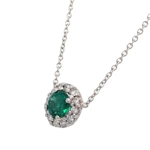 18ktw Emerald & Diamond Halo Necklace Image 2 Charles Frederick Jewelers Chelmsford, MA