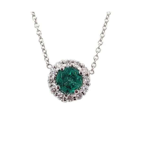 18ktw Emerald & Diamond Halo Necklace Charles Frederick Jewelers Chelmsford, MA