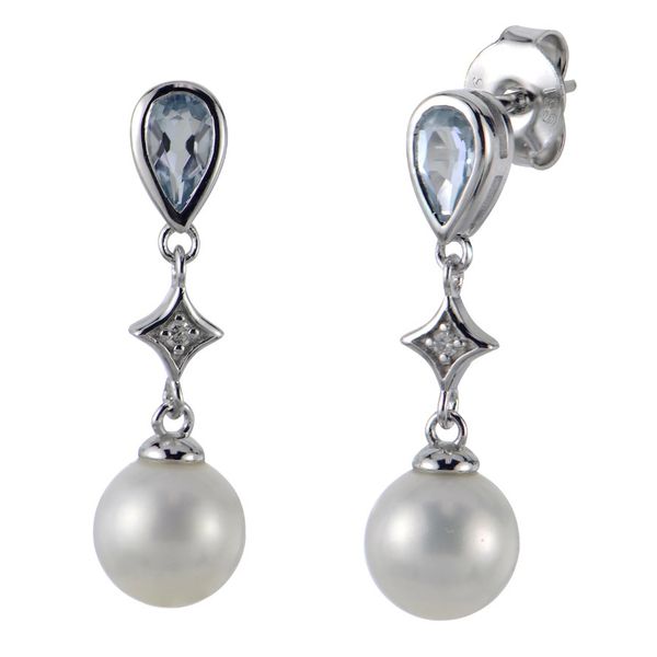 Sterling Silver 6.5-7mm AA Fresh Water Pearl with Aquamarine and Diamond Drop Earrings Charles Frederick Jewelers Chelmsford, MA