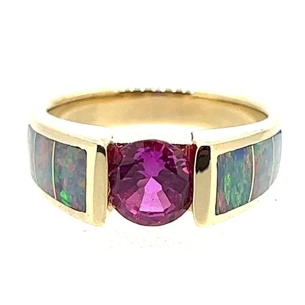 14KY 6.2mm Synthetic Pink Sapphire And Opal Ring Charles Frederick Jewelers Chelmsford, MA