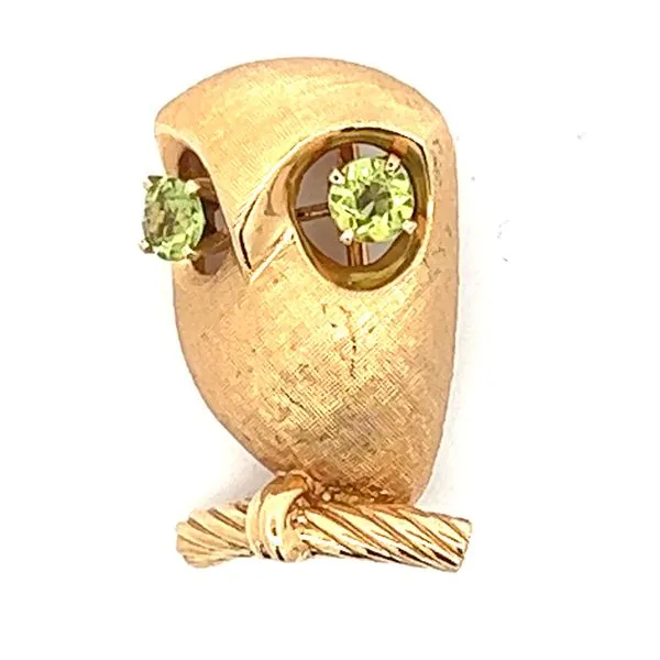 14KY Solid Gold Peridot Owl Pin Charles Frederick Jewelers Chelmsford, MA
