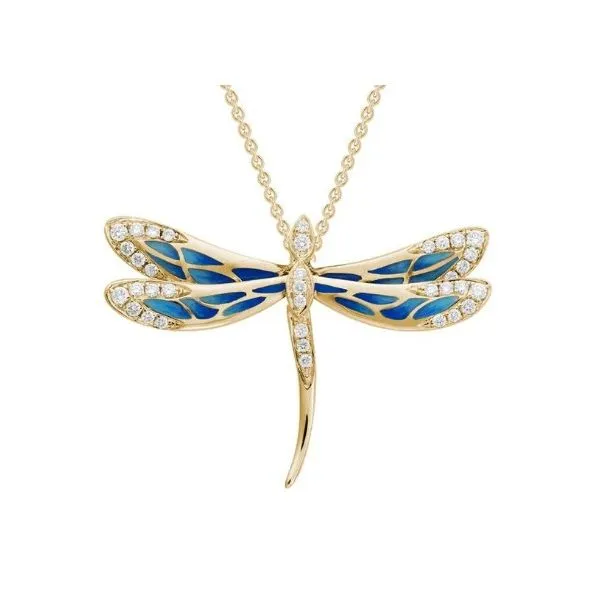 14K YG 16-18 inch Blue Enamel Butterfly Necklace. Charles Frederick Jewelers Chelmsford, MA