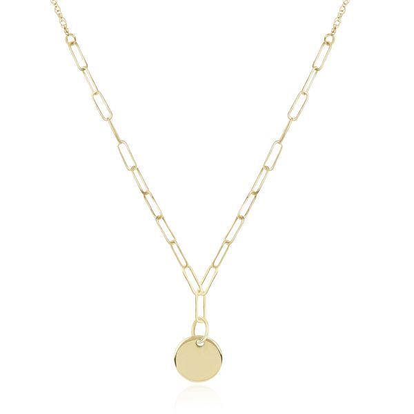 14KY Mini Disc Charm on 16in Paperclip Chain Charles Frederick Jewelers Chelmsford, MA