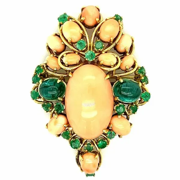 14KY Emerald And Angel Skin Coral Broach Charles Frederick Jewelers Chelmsford, MA