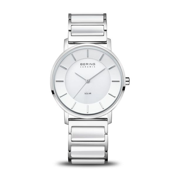 Lady's Solar Polished Stainless Steel all White Dial Watch Charles Frederick Jewelers Chelmsford, MA