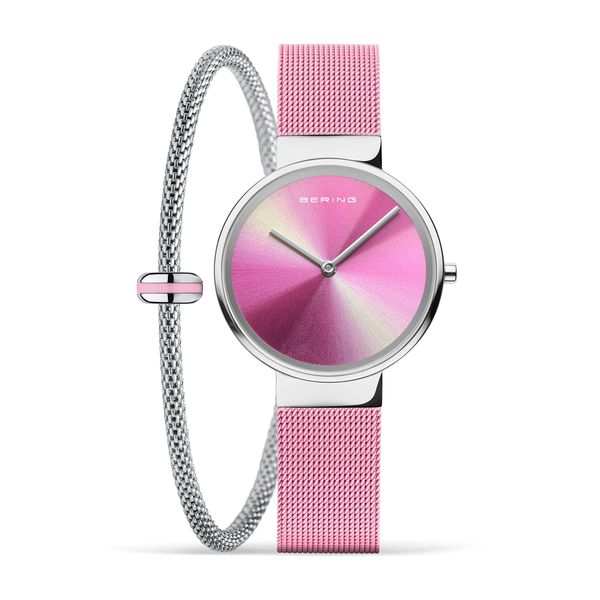 Women's Vibrant Rose and Gold Tones with Pink Milanese Strap and Sapphire Crystal. Complimentary Delicate Bracelet with Pink Enamel Accent Charles Frederick Jewelers Chelmsford, MA