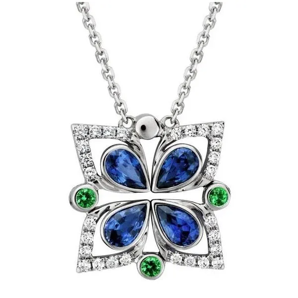 14K Wg 16-18In Necklace. 15.5Mm Square Pendant W Blue Sapphires, Diamonds & Green Garnets Convertible Charles Frederick Jewelers Chelmsford, MA
