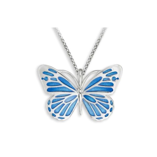 Blue Butterfly Necklace by Master Enamelist Nicole Barr. Sterling Silver Charles Frederick Jewelers Chelmsford, MA