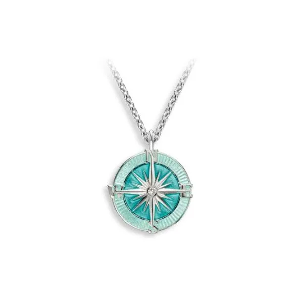 Sea Green Compass Rose Necklace by Master Enamelist Nicole Barr. Sterling Silver-White Sapphires Charles Frederick Jewelers Chelmsford, MA