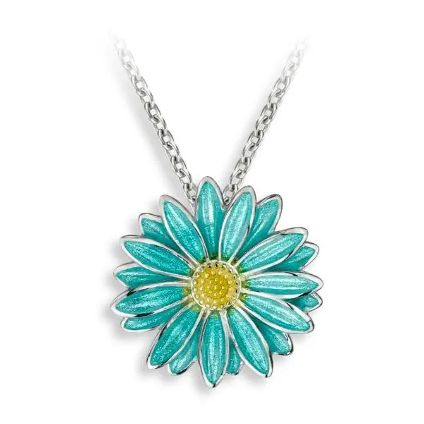Turquoise Gerbera Necklace by Master Enamelist Nicole Barr. Sterling Silver Charles Frederick Jewelers Chelmsford, MA