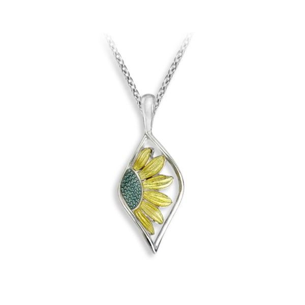Yellow Sunflower Necklace by Master Enamelist Nicole Barr. Sterling Silver Charles Frederick Jewelers Chelmsford, MA