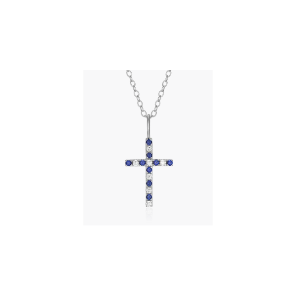 Sterling Silver Lab Grown Diamond & Sapphire Cross Necklace Charles Frederick Jewelers Chelmsford, MA