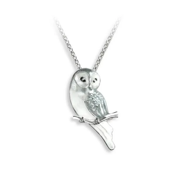 White Owl Bird Necklace Sterling Silver Enamel By Nicole Barr Charles Frederick Jewelers Chelmsford, MA
