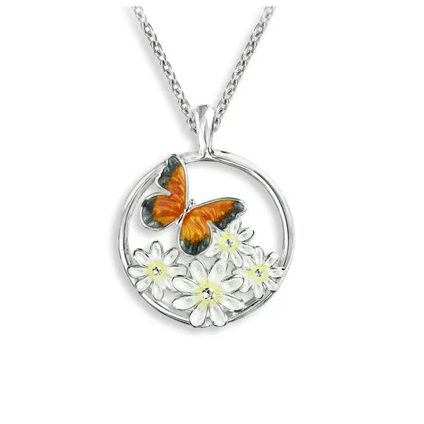 Orange Butterfly with Daisies Necklace. Sterling Silver & Enamel by Nicole Barr Charles Frederick Jewelers Chelmsford, MA