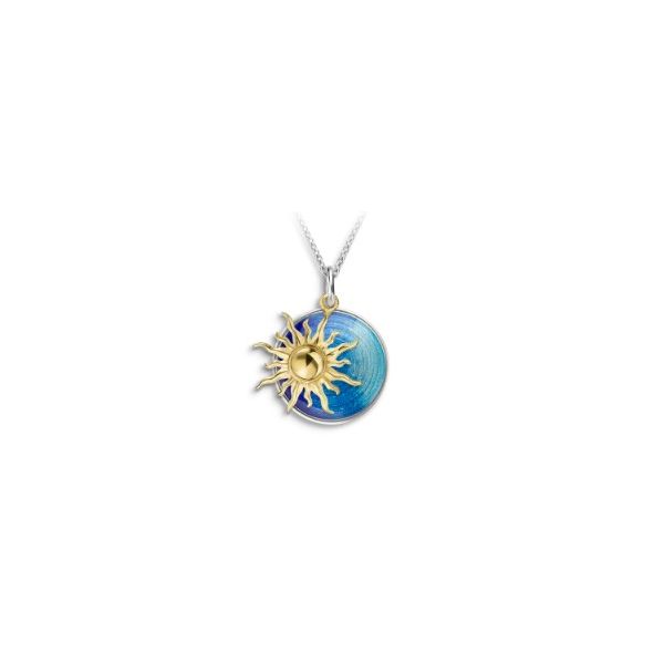 Blue Enamel Sun Necklace. Sterling Silver - Gold Tone Sun Charles Frederick Jewelers Chelmsford, MA
