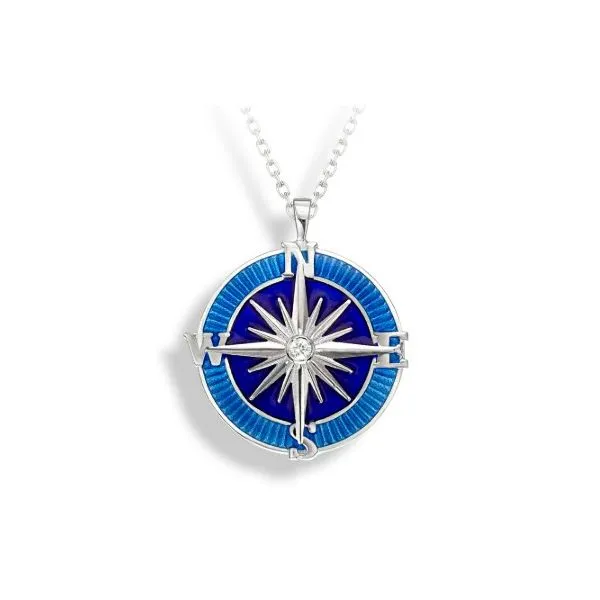 Blue Compass Rose Necklace by Master Enamelist Nicole Barr. Sterling Silver-White Sapphire Charles Frederick Jewelers Chelmsford, MA