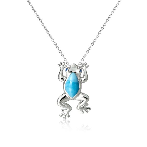 925 Sterling Silver Larimar Frog Pendant, Set with 2 Topaz totaling 0.07 ct. Charles Frederick Jewelers Chelmsford, MA