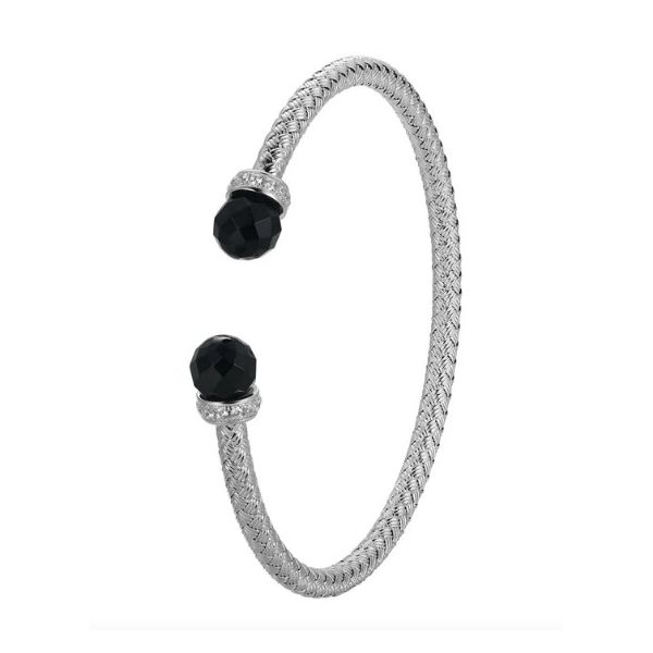 Sterling Silver Classic Mesh Black Agate And Cubic Zirconia Cuff Bangle Rhodium Finish Charles Frederick Jewelers Chelmsford, MA