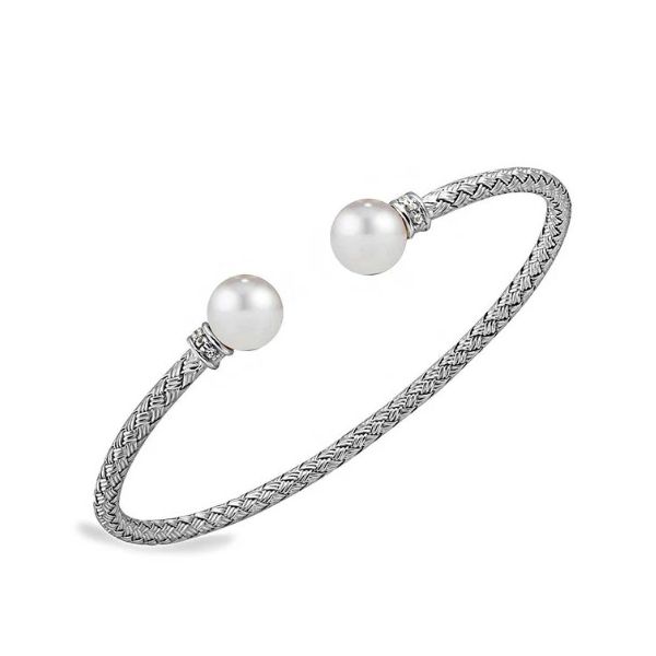 Sterling Silver 3Mm Mesh Cuff With Freshwater Pearl And Cz, Rhodium Finish Charles Frederick Jewelers Chelmsford, MA