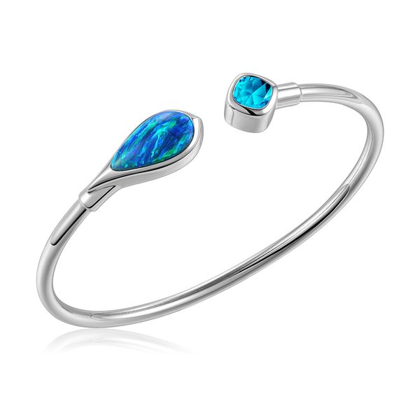 925 Sterling Silver Created Opal Bangle Bracelet With Topaz Charles Frederick Jewelers Chelmsford, MA