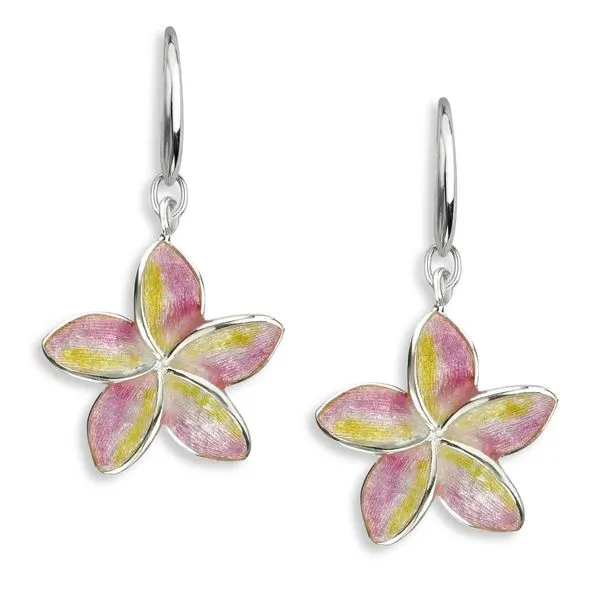 Sterling Rhodium Plated Pink Plumeria Flower Wire Earrings