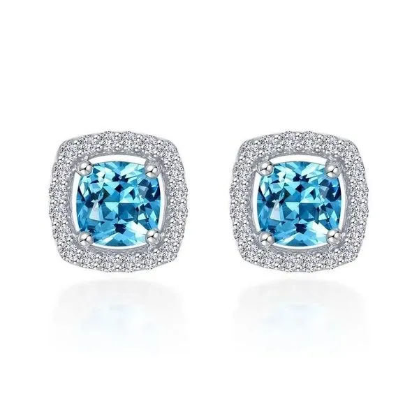 Halo Stud Earrings with Simulated Blue Topaz Charles Frederick Jewelers Chelmsford, MA