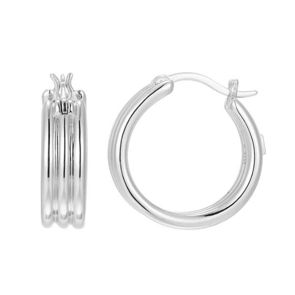 These Goddess Collection hoop earrings in rhodium-plated sterling silver feature a sleek, modern design, measuring 20mm in diameter. Charles Frederick Jewelers Chelmsford, MA