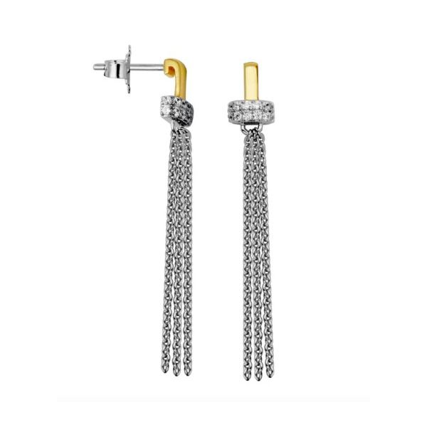 Sterling Silver Cubic Zirconia Post Chain Drop Earring Rhodium And Yellow Gold Finish Charles Frederick Jewelers Chelmsford, MA
