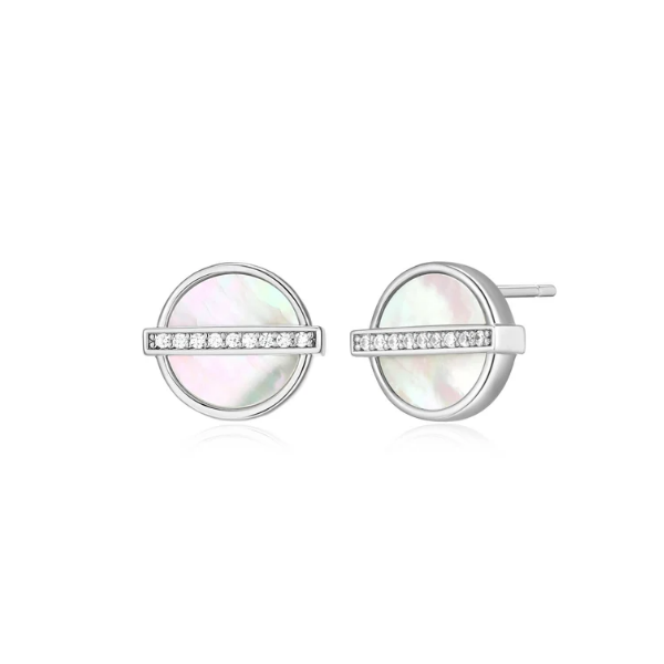 Elegant Sterling Silver Stud Earrings Showcase A Luminous Mother-Of-Pearl Inlay Accented By A Striking Horizontal Bar Of Pavé-Set Stones. Charles Frederick Jewelers Chelmsford, MA