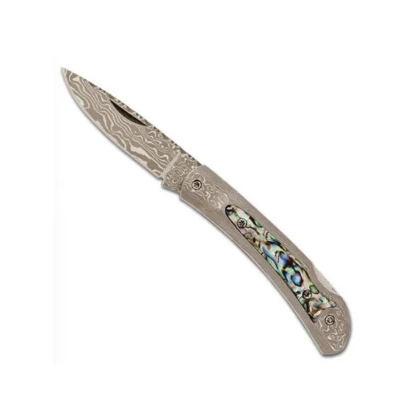 Damascus 2in Blade Steel Frame Pocket Knife with Abalone Inlay Image 2 Charles Frederick Jewelers Chelmsford, MA