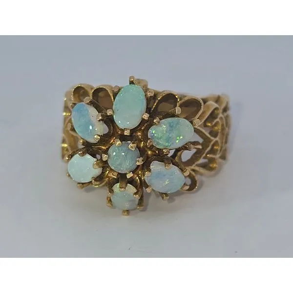 Estate 14K Yellow Gold Opal Flower Diamond Cut Cluster Ring Size 6.75 Total Weight 5.9 Grams Charles Frederick Jewelers Chelmsford, MA