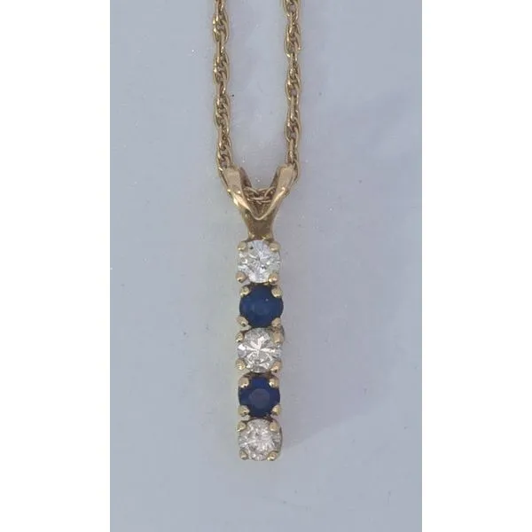 Estate 14K Yellow Gold Diamond And Sapphire Bar Pendant 16 Inches Long Total Weight Is 1.4 Gram Charles Frederick Jewelers Chelmsford, MA