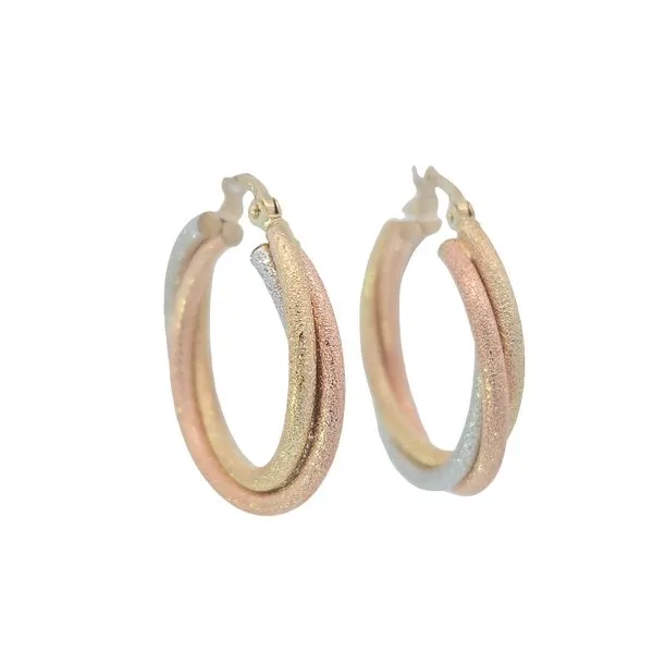 Estate 14K Tri Color Yellow, White And Rose Braided Twisted Granulated Finish Sparkling Earring Medium Hoops Total Weight Is 4.7 Grams Charles Frederick Jewelers Chelmsford, MA