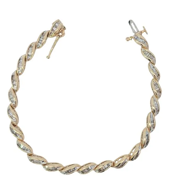 Estate 14K Yellow Gold Baguette Diamond Tennis Bracelet With 115 Baguettes Approx 1.50Ctw 7 Inches In Length With A Locking Safety 8 Catch Total Weigh Charles Frederick Jewelers Chelmsford, MA