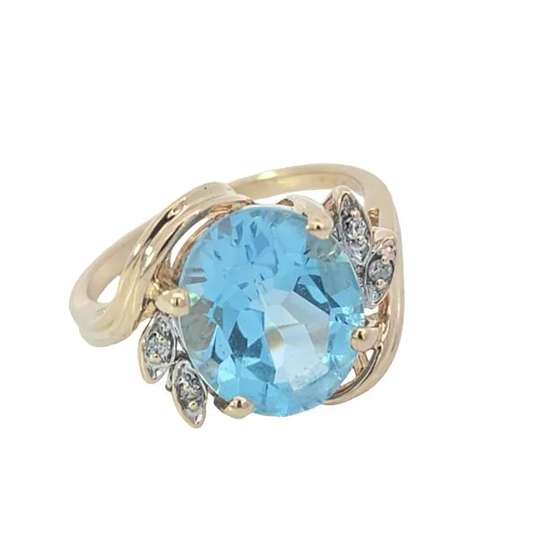Estate 14K Yellow Gold Blue Topaz Swirls Ring With Diamond Accents Ring Size 7 Total Weight 4.6 Grams Charles Frederick Jewelers Chelmsford, MA