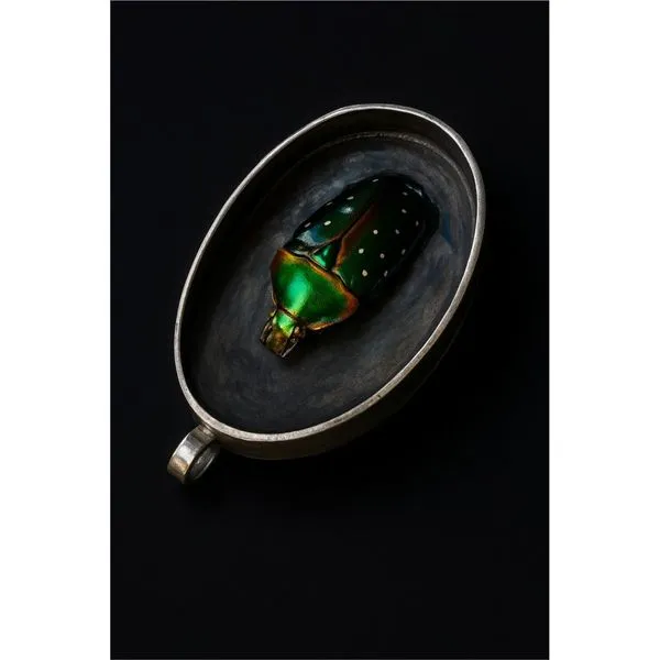 Estate Handmade Sterling Silver Stephanorrhina Guttata Beetle Pendant With A Bezel Set Moonstone And Affixed Bail Total Weight On The Piece Is 24.7 Gr Image 2 Charles Frederick Jewelers Chelmsford, MA