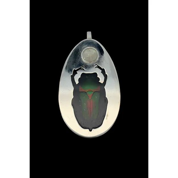 Estate Handmade Sterling Silver Stephanorrhina Guttata Beetle Pendant With A Bezel Set Moonstone And Affixed Bail Total Weight On The Piece Is 24.7 Gr Charles Frederick Jewelers Chelmsford, MA