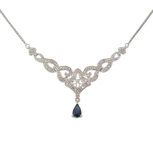 Estate Elegant 10K White Gold Diamond And Sapphire Dangle Style Necklace 16 Inches In Length Total Weight 4.3 Grams Charles Frederick Jewelers Chelmsford, MA