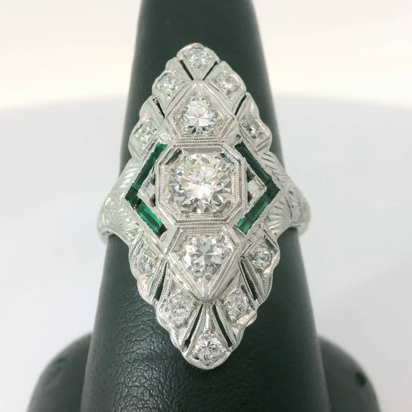 Platinum Diamond, Emerald Fancy Deco Fashion Ring Chipper's Jewelry Bonney Lake, WA