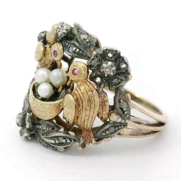 14KY/Silver Geogian Bird Nest Diamond Pearl Ring Image 2 Chipper's Jewelry Bonney Lake, WA