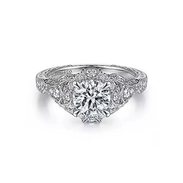 14K White Gold Vintage Inspired Diamond Halo Engagement Ring Chipper's Jewelry Bonney Lake, WA