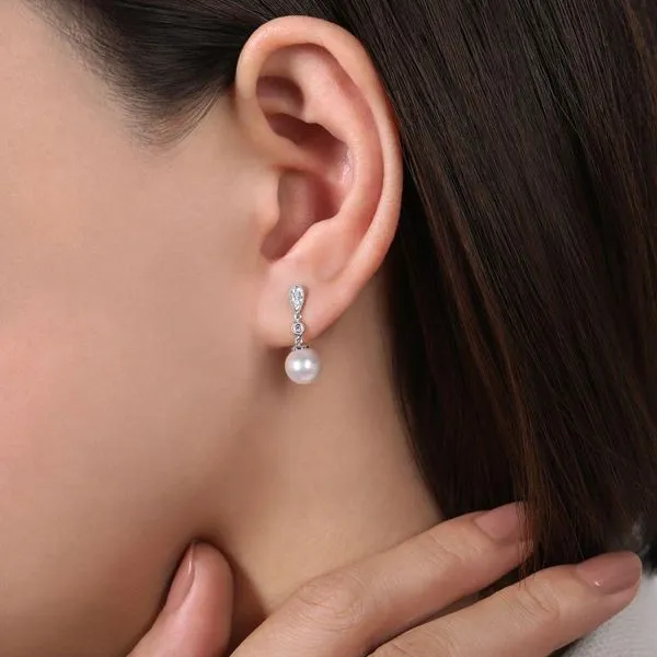 14K White Gold Vintage Inspired Diamond Pearl Drop Earrings Image 2 Chipper's Jewelry Bonney Lake, WA