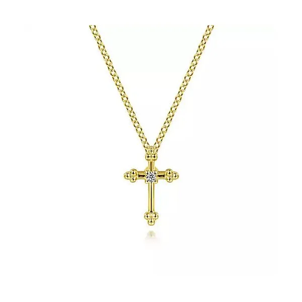 14K Yellow Gold Beaded Diamond Cross Pendant Necklace Chipper's Jewelry Bonney Lake, WA