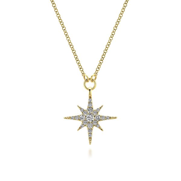 14K Yellow Gold Diamond Starburst Pendant Necklace 17.5
